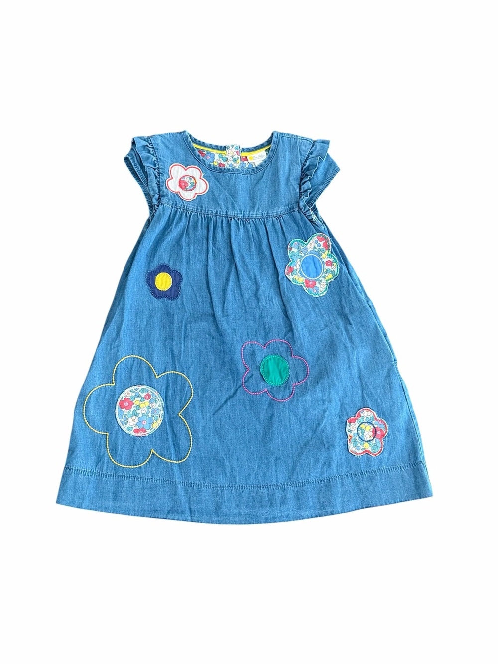 Mini Boden (4|5y) Flower Appliqué Denim Dress